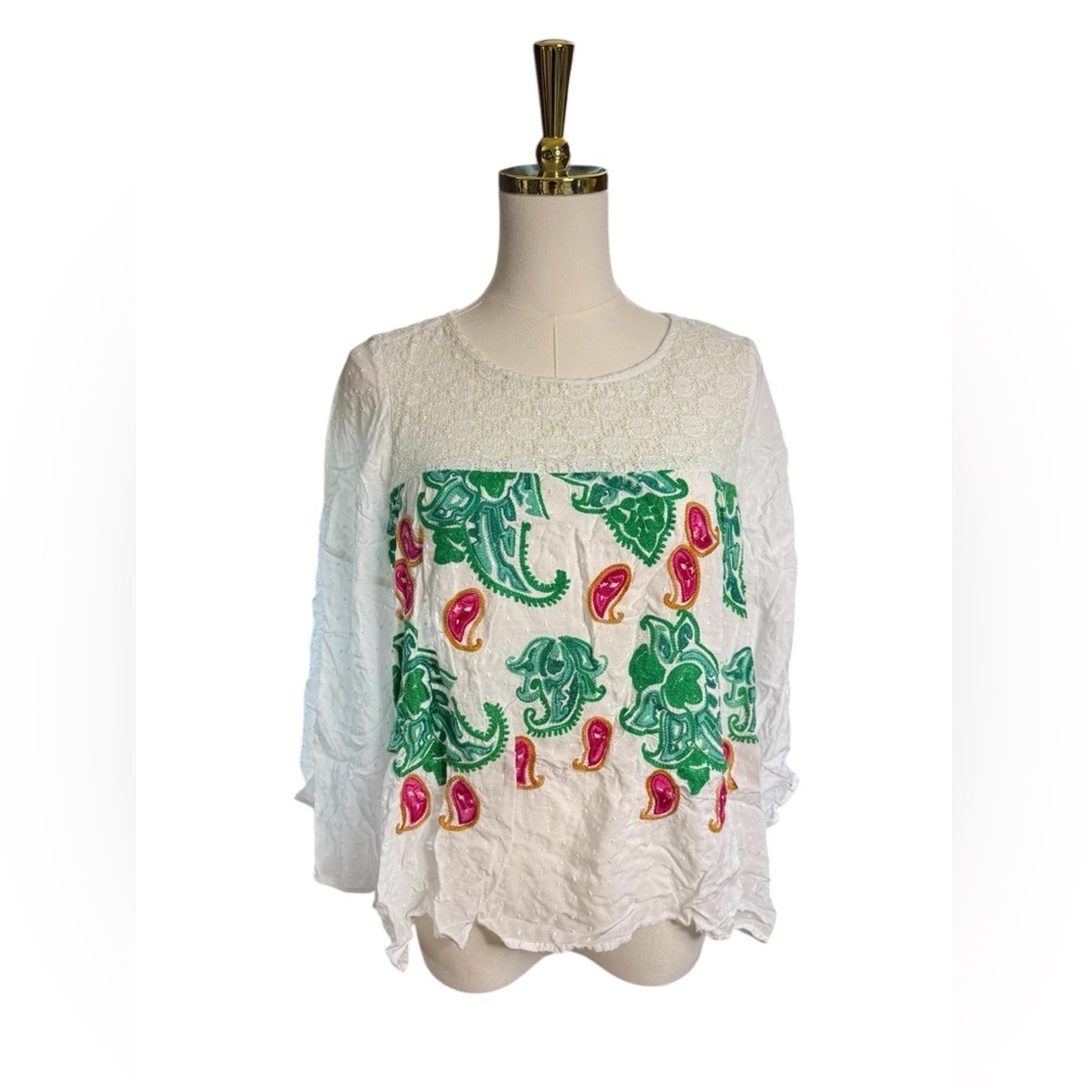 Boho White Embroidered Blouse with Green & Pink Paisley Motifs Lace Top Size M
